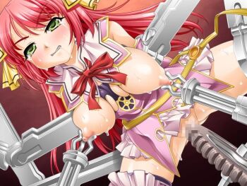 1girl artist_request bdsm blush bondage bound bound_arms bound_legs breasts breasts_out character_request copyright_request crying female_focus green_eyes hair_ornament large_breasts long_hair machine nipple_stimulation nipple_tweak nipples no_bra no_panties open_clothes pussy red_hair restrained sex_machine solo stationary_restraints sweat tears torn_clothes