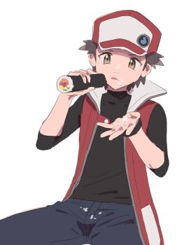 1boy black_shirt brown_eyes brown_hair commentary_request ehoumaki food food_on_face hat highres howling makizushi male_focus messy nintendo pokemon pokemon_masters_ex pumpkinpan red_(pokemon) red_(sygna_suit)_(pokemon) red_hat red_vest rice shirt sitting solo sushi tongue tongue_out turtleneck turtleneck_shirt vest