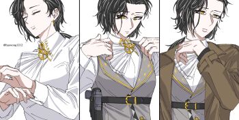 1girl adjusting_clothes ascot black_hair closed_eyes closed_mouth collared_shirt dressing greta_hofmann grey_vest gun hand_up handgun hands_up highres holster low_ponytail medium_hair multiple_views panda_critter ponytail reverse:1999 shirt triptych_(art) upper_body vest waistcoat weapon white_ascot white_background white_shirt yellow_eyes