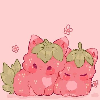 animal_focus artist_request cat closed_eyes flower food fruit heads_together no_humans original pink_background pink_flower pink_theme shadow simple_background sleeping source_request strawberry third-party_source