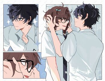 Rule 34 | 2boys, akechi gorou, amamiya ren, bespectacled, black-framed eyewear, black hair, blush, brown hair, collared shirt, fsmaichobpeg0, glasses, hashtag-only commentary, highres, light blush, male focus, multiple boys, necktie, persona, persona 5, red eyes, semi-circular eyewear, shirt, short hair, striped clothes, upper body, vertical-striped clothes, vertical-striped necktie, white shirt, yaoi