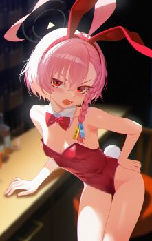 1girl absurdres ahoge animal_ear_hairband animal_ears bar_(place) bare_shoulders benpao_de_ruoji black_halo blue_archive blurry blurry_background bow bowtie braid breasts commentary detached_collar fake_animal_ears fang hairband halo hand_on_own_hip highleg highleg_leotard highres huge_ahoge indoors leotard looking_at_viewer mole mole_under_eye neru_(blue_archive) neru_(bunny)_(blue_archive) official_alternate_costume open_mouth oversized_breast_cup playboy_bunny rabbit_ear_hairband rabbit_ears rabbit_tail red_bow red_bowtie red_eyes red_leotard single_braid small_breasts solo strapless strapless_leotard tag tail traditional_bowtie v-shaped_eyebrows