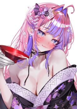 Rule 34 | 1girl, absurdres, ahoge, alternate hairstyle, black kimono, blue eyes, blush, breasts, center-flap bangs, choker, cleavage, commentary request, facial mark, floral print, floral print kimono, flower, gradient hair, hair flower, hair intakes, hair ornament, half updo, highres, hololive, hololive dev is, iam ciikawa, japanese clothes, kikirara vivi, kikirara vivi (new year), kimono, long hair, looking at viewer, mark under both eyes, medium breasts, multicolored hair, off shoulder, official alternate costume, open mouth, pink hair, print kimono, purple streaks, ribbon choker, simple background, solo, star-shaped pupils, star (symbol), symbol-shaped pupils, tongue, tongue out, upper body, virtual youtuber, white background