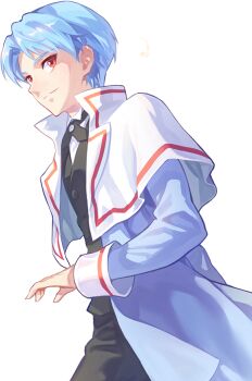 Rule 34 | 1boy, alpha transparency, artist request, black cross tie, black pants, black vest, blue sleeves, buttons, capelet, closed mouth, coat, collared shirt, cowboy shot, cross tie, curtained hair, lanziee rozen kranz, lapels, long sleeves, looking at viewer, male focus, nexon, official art, open clothes, open coat, pants, parted bangs, red eyes, second-party source, shirt, short hair, simple background, sleeve cuffs, smile, solo, split mouth, tales weaver, transparent background, undershirt, vest, waistcoat, white capelet, white shirt, wing collar