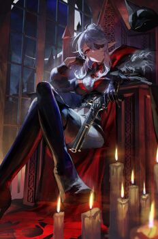 1girl absurdres antique_firearm ascot black_corset black_gauntlets black_gloves boots breasts candle chair commentary corset crescent_moon crossed_legs english_commentary eyepatch fire firearm general_geega general_geega_(inquisitor) gloves grey_pants gun half_gloves hat highres holding holding_gun holding_weapon indie_virtual_youtuber large_breasts looking_at_viewer meltyrice moon night pants parted_lips pointy_ears red_ascot red_eyes sidelocks sitting sky solo thigh_boots tricorne virtual_youtuber weapon window