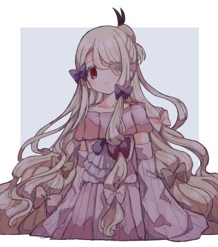 1girl blonde_hair border bow butter_run closed_mouth commentary_request dress eyepatch hair_bow highres long_hair long_sleeves looking_at_viewer magical_girl mahou_shoujo_ikusei_keikaku mahou_shoujo_ikusei_keikaku_restart multi-tied_hair pfle pink_dress purple_bow red_eyes smile solo very_long_hair wavy_hair white_border