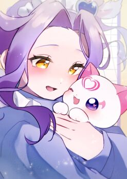 Rule 34 | 1girl, animal, blue sweater, cat, commentary request, cure beat, cure neko zukin, hair ornament, heart, heart hair ornament, highres, holding, holding animal, holding cat, hummy (suite precure), kurokawa eren, long sleeves, looking at another, one eye closed, open mouth, portrait, precure, purple eyes, purple hair, side ponytail, smile, suite precure, sweater, yellow eyes