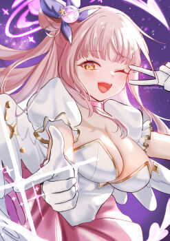 1girl absurdres anagaume angel_wings blue_archive blush breasts choker cleavage collarbone commentary feathered_wings gloves hair_bun highres large_breasts long_hair low_wings mika_(blue_archive) open_mouth pink_choker pink_hair pink_skirt puffy_short_sleeves puffy_sleeves shirt short_sleeves single_hair_bun single_side_bun skirt smile solo symbol-only_commentary v very_long_hair white_gloves white_shirt white_wings wing_ornament wings yellow_eyes