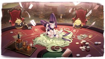 1girl absurdres animal_ears azur_lane between_breasts bow bowtie breasts card chair fake_animal_ears garter_straps green_hair hair_spread_out half-closed_eyes highres indoors lace lace-trimmed_panties lace_trim large_breasts leg_up long_hair looking_at_viewer lying manjuu_(azur_lane) money napoli_(azur_lane) napoli_(dreamy_night)_(azur_lane) navel non-web_source official_alternate_costume official_art panties parted_lips playboy_bunny playing_card poker_chip poker_table purple_bow purple_bowtie purple_panties purple_thighhighs rabbit_ears red_eyes skindentation solo table thighhighs top-down_bottom-up underwear very_long_hair wrist_cuffs