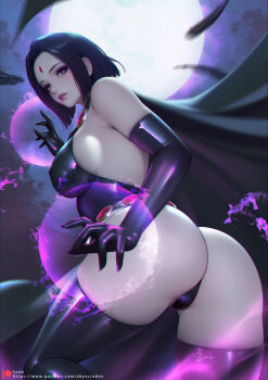 ass backless_leotard bare_shoulders belt black_hair black_leotard black_thighhighs breasts cape colored_skin dc_comics elbow_gloves forehead_jewel from_behind gloves grey_skin highres large_breasts latex leotard looking_at_viewer magic pale_skin raven_(dc) sade_abyss shiny_clothes short_hair sideboob solo teen_titans thighhighs thighs thong_leotard