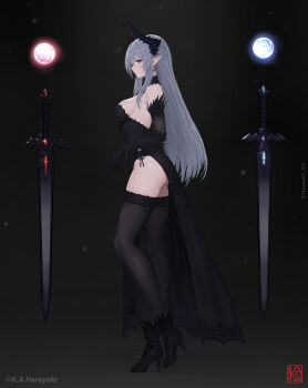 1girl asymmetrical_horns black_background black_dress black_gloves black_thighhighs blue_eyes breasts dress earrings elbow_gloves from_side gloves grey_hair haruyuki_(karem) high_heels highres horns jewelry long_hair looking_at_viewer medium_breasts mismatched_horns original pointy_ears solo sword thighhighs weapon