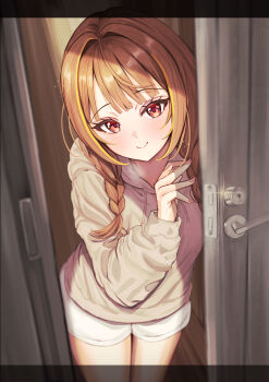 1girl absurdres blunt_bangs braid brown_hair closed_mouth commentary_request cropped_legs door doorway grey_hoodie hand_up highres hood hoodie leaning_forward long_hair long_sleeves looking_at_viewer mito_soosu multicolored_hair orange_streaks pink_nails pov_doorway puffy_long_sleeves puffy_sleeves purple_eyes sendo_yuuhi sendo_yuuhi_(loungewear) shorts smile solo streaked_hair twin_braids virtual_youtuber vspo! white_shorts