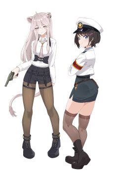 Rule 34 | 2girls, absurdres, ahoge, animal ear piercing, animal ears, armband, ass, belt, belt pouch, black belt, black boots, black hair, black pantyhose, black shorts, black skirt, blue eyes, blue shirt, boots, brown thighhighs, closed mouth, collared shirt, commentary, crossed arms, double-parted bangs, english commentary, full body, gloves, grey eyes, grey hair, gun, hair between eyes, hakimen, handgun, hat, high-waist skirt, highres, holding, holding gun, holding weapon, hololive, jacket, lace-up boots, legwear garter, lion ears, lion girl, lion tail, long hair, long sidelocks, looking at viewer, multiple girls, neck ribbon, official alternate costume, official alternate hairstyle, oozora subaru, oozora subaru (police), pantyhose, peaked cap, pencil skirt, platform boots, police, police hat, police uniform, policewoman, pouch, revolver, ribbon, shirt, shishiro botan, shishiro botan (button-down), short hair, short shorts, shorts, side slit, sidelocks, simple background, skirt, smile, standing, swept bangs, tail, thigh strap, thighhighs, transparent background, virtual youtuber, weapon, white gloves, white hat, white jacket, white shirt