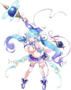 +_+ 1girl :d arched_back arm_scrunchie armpits arms_up belt belt_pouch blue_hair blue_ribbon blue_shirt blue_shoes blue_skirt blush bow_hairband breasts brooch cleavage cleavage_cutout clothing_cutout collared_shirt colored_tips elbow_gloves enuzoushigaya full_body gloves hair_between_eyes hair_ornament hair_ribbon hairband heart highres holding holding_staff huge_weapon jewelry large_breasts long_hair looking_at_viewer low_twintails magical_girl multicolored_hair navel official_art open_mouth pink_belt pink_hair pocket_watch pouch purple_eyes ribbon shirt shoes simple_background single_thighhigh skirt sleeveless sleeveless_shirt smile solo staff star_(symbol) striped_clothes striped_thighhighs tachi-e teeth thighhighs third-party_source torezianna_(twinkle_star_knights) transparent_background twinkle_star_knights twintails underboob underboob_cutout upper_teeth_only v-shaped_eyebrows very_long_hair watch weapon white_gloves