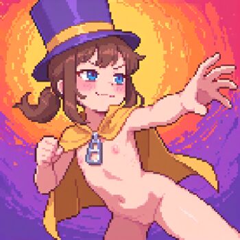 1girl a_hat_in_time blue_eyes brown_hair cape casytay flat_chest hat hat_kid loli lowres naked_cape navel nipples pixel_art solo top_hat yellow_cape