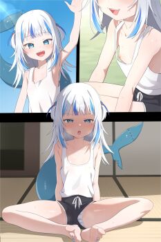 1girl arm_up armpits barefoot black_shorts blue_eyes blue_hair blue_nails blue_panties commentary downblouse drawstring feet fins fish_tail flat_chest gawr_gura highres hololive hololive_english loli long_hair looking_at_viewer multicolored_hair nail_polish nipples onion_(tamanegi) open_mouth panties panties_under_shorts pantyshot shark_girl shark_tail sharp_teeth short_shorts shorts sitting soles solo streaked_hair striped_clothes striped_panties sweat tail tank_top teeth toenail_polish toenails two_side_up underwear upper_teeth_only virtual_youtuber waving white_hair white_tank_top