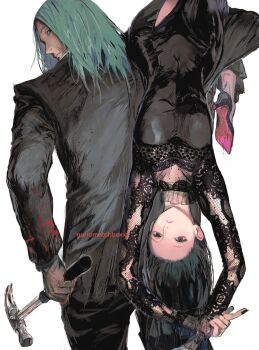 1boy 1girl artist_name assassin black_coat black_dress black_hair black_nails blank_stare blonde_hair breasts carrying_upside coat dress fishnet_dress fishnet_sleeves fishnets forehead grey_eyes grey_hair guri_otoko hammer high_heels highres looking_at_viewer nail_polish osaragi_(sakamoto_days) patterned_clothing sakamoto_days scar scar_on_chin scar_on_face see-through_clothes see-through_dress see-through_sleeves shishiba_(sakamoto_days) small_breasts stiletto_heels upside-down upside-down_head white_background