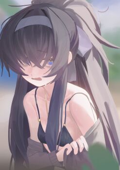 1girl absurdres bikini black_bikini black_hair black_jacket blue_archive breasts commentary crossed_bangs gold_necklace grey_hairband hair_over_one_eye hairband highres jacket jewelry long_hair looking_at_viewer necklace official_alternate_costume official_alternate_hairstyle open_clothes open_jacket open_mouth paplife ponytail purple_eyes small_breasts solo swimsuit symbol-only_commentary ui_(blue_archive) ui_(swimsuit)_(blue_archive)