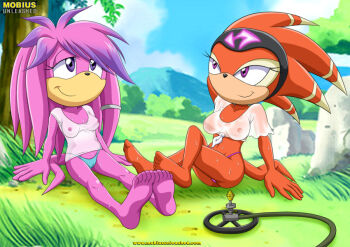 2girls barefoot bbmbbf feet furry furry_female headband julie-su mobius_unleashed multicolored_hair multiple_girls nipples palcomix pink_eyes purple_eyes shade_the_echidna shirt soles sonic_(series) sprinkler tail wet wet_clothes wet_shirt