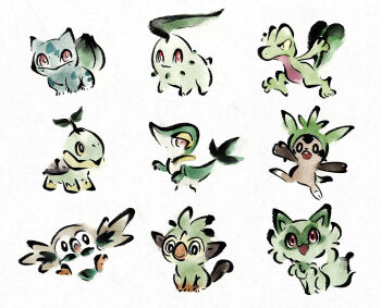 >:( :> :d animal_focus bird bulbasaur chespin chikorita colored_sclera gen_1_pokemon gen_2_pokemon gen_3_pokemon gen_4_pokemon gen_5_pokemon gen_6_pokemon gen_7_pokemon gen_8_pokemon grookey highres leaf metikyun monkey nintendo no_humans open_mouth owl pokemon pokemon_(creature) red_eyes rowlet slit_pupils smile snivy sprigatito standing trait_connection treecko turtle turtwig v-shaped_eyebrows white_background yellow_sclera