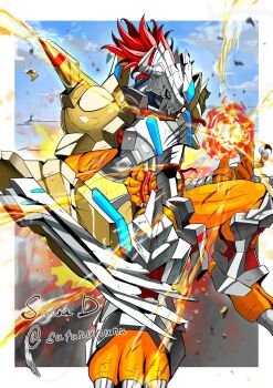 Rule 34 | armor, broken armor, claw (weapon), colored skin, digimon, digimon (creature), dragon, fire, helmet, highres, orange scales, orange skin, red hair, sawa d, short hair, wargreymon, wargreymon x-antibody, weapon, yellow armor