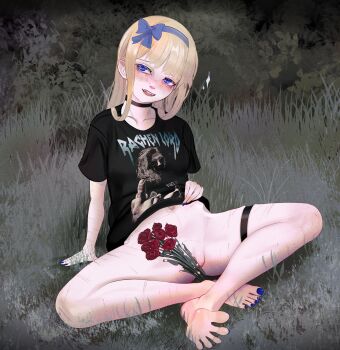 1girl barefoot black_shirt blonde_hair blue_eyes blue_hairband blue_nails borrowed_character bottomless breasts commentary cuts english_commentary erika_(popopoka) flower full_body hairband highres hip_bones injury long_hair looking_at_viewer nail_polish navel on_grass original outdoors paid_reward_available partially_visible_vulva rancidronin red_flower scar self-harm_scar shirt short_sleeves skinny small_breasts solo spread_legs teeth thigh_strap toenail_polish toenails toes upper_teeth_only