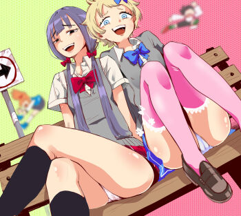 Rule 34 | 4girls, bench, black eyes, blonde hair, blue bow, blue eyes, blue skirt, bow, cardigan, collared shirt, crossed legs, female focus, frilled thighhighs, frills, from below, hair bow, half-closed eyes, hasebe kazumi, highres, kunio-kun series, kyoko (kunio-kun), long hair, long sleeves, looking at viewer, low twintails, misako (kunio-kun), multiple girls, on bench, open mouth, panties, pantyshot, pink thighhighs, polka dot, polka dot panties, purple hair, red bow, red skirt, river city girls, rokujyou, shimada mami, shiny skin, shirt, short hair, short sleeves, sitting, skirt, smile, smug, socks, sweater vest, teeth, thighhighs, thighs, twintails, two-tone background, underwear, upper teeth only, white panties