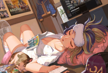 1girl absurdres ahri_(league_of_legends) akali alternate_costume animal black_hair blonde_hair book breasts cat cleavage closed_eyes commentary door electric_fan english_commentary hat highres holding holding_phone indoors k/da_(league_of_legends) k/da_akali knees_up large_breasts league_of_legends lying manga_(object) multicolored_hair on_back one-punch_man open_book phone pillow ponytail poster_(object) saliva shirt sleep_mask sleeping socks solo tiger_june two-tone_hair unworn_hat unworn_headwear ventilator white_shirt white_socks