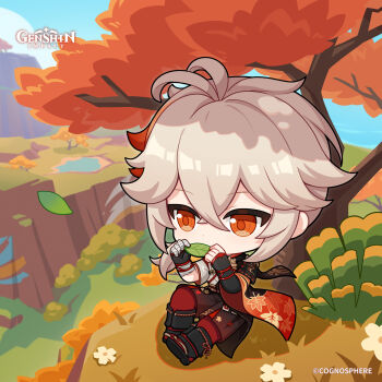 1boy absurdres antenna_hair bandaged_arm bandages black_boots blue_sky blurry boots chibi cloud commentary copyright_name crossed_bangs day dot_nose english_commentary flower genshin_impact grey_hair hair_between_eyes hands_up highres holding holding_leaf japanese_clothes kaedehara_kazuha knee_up leaf leaf_print long_hair looking_ahead male_focus multicolored_hair official_art outdoors short_sleeves shorts sitting sky streaked_hair tree white_flower wide_sleeves