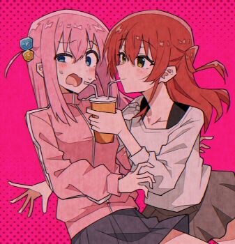 2girls blue_eyes blush bocchi_the_rock! closed_mouth collarbone commentary_request crossed_bangs cube_hair_ornament cup disposable_cup drinking_straw drinking_straw_in_mouth embarrassed eyelashes gotoh_hitori green_eyes grey_skirt hair_between_eyes hair_ornament halftone halftone_background hand_up highres holding holding_cup jacket kita_ikuyo long_hair long_sleeves looking_at_another multiple_girls one_side_up open_mouth pink_background pink_hair pink_jacket pleated_skirt red_hair shared_drink shirt sidelocks simple_background skirt smile sweat sweatdrop toriyarou track_jacket white_shirt yuri