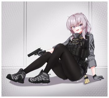 1girl absurdres black_gloves black_pantyhose commentary english_commentary gloves grey_background grey_gloves grey_hair gun hair_between_eyes handgun highres holding holding_gun holding_weapon jonasmk looking_at_viewer military multicolored_gloves original pantyhose purple_eyes scar scar_on_face solo two-tone_gloves weapon