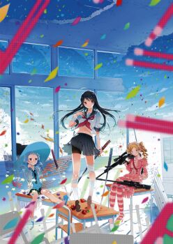 3girls ai_arctic_warfare bad_id bad_pixiv_id black_hair blonde_hair blue_eyes blue_hair bolt_action clothes_lift donacoo floating_screen glasses gun h&amp;k_psg1 hairband hat highres holographic_interface katana l96 lolita_fashion lolita_hairband midriff multiple_girls original pantyhose red_eyes rifle school_uniform shirt_lift sitting sniper_rifle striped_clothes striped_legwear striped_pantyhose sword table weapon wind wind_lift witch_hat yuuhi_homare