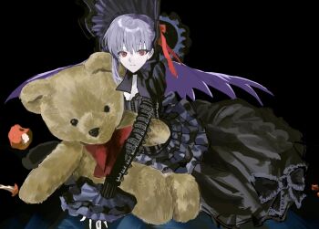 1girl apple bb_(fate/extra_ccc_fox_tail) black_background black_dress bonnet dress fate/extra fate/extra_ccc fate/extra_ccc_fox_tail fate_(series) food frills fruit gothic_lolita hair_ribbon highres lolita_fashion long_hair long_sleeves looking_at_viewer purple_hair red_eyes red_ribbon ribbon solo stuffed_animal stuffed_toy teddy_bear woodsheep59366