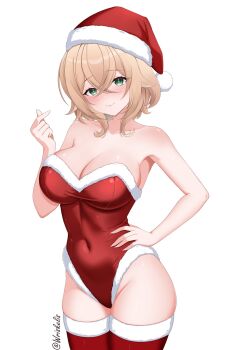 1girl bare_shoulders breasts brown_hair collarbone commentary covered_navel english_commentary fur-trimmed_headwear fur-trimmed_leotard fur-trimmed_thighhighs fur_trim green_eyes hand_on_own_hip hat highres indie_virtual_youtuber leotard nimi_nightmare pom_pom_(clothes) red_thighhighs santa_hat santa_leotard solo strapless strapless_leotard thighhighs twitter_username virtual_youtuber wriskelis