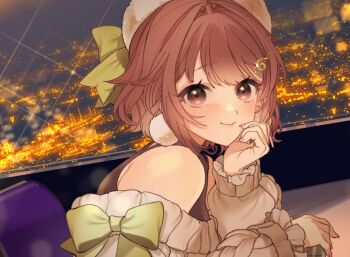 1girl aran_sweater bare_shoulders beret black_shirt blush brown_hair cable_knit chair city_lights cityscape closed_mouth cup drinking_glass earrings eikura_hana elbows_on_table fluffy_clothes fortissimo frilled_sleeves frills green_ribbon grey_sweater hair_intakes hair_ornament hand_up hat head_rest holding holding_cup indie_virtual_youtuber indoors jewelry leaning_forward leaning_on_table lens_flare long_sleeves looking_at_viewer makeup miori_celesta miori_celesta_(casual) musical_note musical_note_hair_ornament nail_polish night off-shoulder_sweater off_shoulder on_chair pink_eyes pink_nails pom_pom_(clothes) pom_pom_earrings raised_eyebrows ribbon ribbon-trimmed_headwear ribbon_trim shirt short_hair sitting sleeveless sleeveless_shirt smile solo spaghetti_strap star_(symbol) star_in_eye sweater swept_bangs symbol_in_eye undershirt wavy_hair white_hat