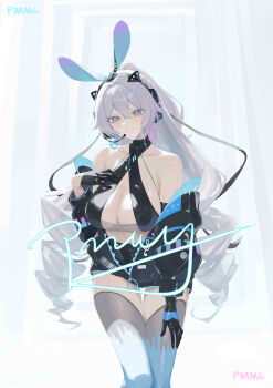 Rule 34 | 1girl, absurdres, animal ears, artist name, bare shoulders, black gloves, black jacket, breasts, bronya zaychik, bronya zaychik (silverwing: n-ex), chinese commentary, cleavage, commentary request, crop top, drill hair, fake animal ears, gloves, grey eyes, grey hair, grey thighhighs, highres, honkai (series), honkai impact 3rd, jacket, large breasts, long hair, looking at viewer, pmmg, rabbit ears, signature, smile, solo, thighhighs, thighs, very long hair, wireless microphone