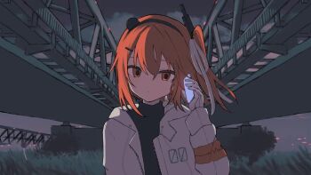 1girl a.i._voice adachi_rei animated blinking bridge cellphone closed_mouth gloves glowing grass hair_ribbon hand_up headlamp holding holding_cellphone holding_phone jacket katorea long_sleeves night one_side_up open_clothes open_jacket orange_eyes orange_hair outdoors phone radio_antenna ribbon sky solo tagme upper_body utau video white_gloves white_jacket white_ribbon wind