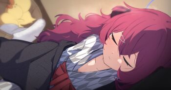 1girl 1other absurdres bath_yukata black_haori blue_archive bucket closed_eyes collarbone commentary_request fluffy_hair grey_kimono hair_between_eyes hair_ornament hairclip halo haori highres iroha_(blue_archive) japanese_clothes kimono leaning_on_person long_hair official_alternate_costume purple_halo red_hair red_sash rubber_duck sash sideways sky_jio solo_focus towel wooden_bucket yagasuri yukata