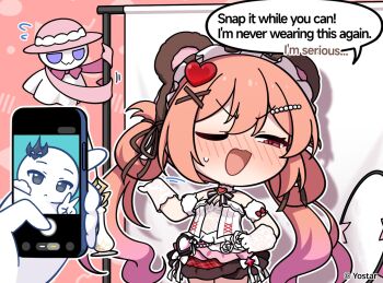 Rule 34 | 1girl, 1other, :3, ;d, animal ear hairband, animal ears, arm up, averting eyes, bare shoulders, bear ear hairband, bear ears, blush, breasts, brown hairband, cellphone, chibi, chibi only, chibi tyrant (stella sora), cleavage, commentary, copyright notice, detached sleeves, double-parted bangs, embarrassed, english commentary, english text, fake animal ears, flying sweatdrops, gloves, gradient hair, hair ornament, hair rings, hairband, half-closed eye, hand on own hip, hat, heart, heart hair ornament, highres, holding, holding phone, lace, lace gloves, mistique (cocoa night sweetheart) (stella sora), mistique (stella sora), multicolored hair, nose blush, official art, one eye closed, open mouth, orange hair, phone, pink hat, pink skirt, pumpka phantom (stella sora), purple hair, selfie, selfie prank, shadow, shirt, short sleeves, skirt, smartphone, smile, solo focus, speech bubble, stella sora, strapless, strapless shirt, twintails, tyrant (stella sora), white gloves, white shirt, x hair ornament