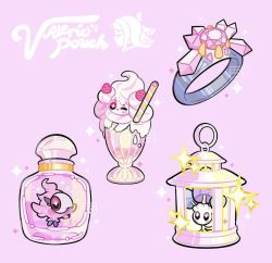 alcremie alcremie_(strawberry_sweet) artist_name bottle commentary diancie drinking_straw gem gen_6_pokemon gen_7_pokemon gen_8_pokemon glass jewelry lantern leaphere legendary_pokemon mythical_pokemon nintendo pink_background pokemon pokemon_(creature) pokemon_xy ring shiinotic simple_background sparkle spritzee valerie_(pokemon) watermark