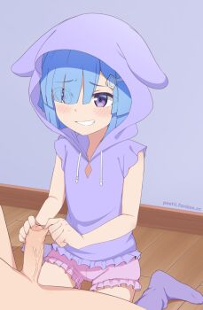 1boy 1girl blue_hair clothed_female_nude_male commentary flat_chest foreskin foreskin_pull frilled_hoodie frilled_shorts frills grin hair_ornament hair_over_one_eye hairclip handjob hetero highres hood hoodie imose_mimika indoors kakushite!_makina-san!! loli nude parted_lips penis pestil pink_shorts purple_eyes purple_hoodie purple_socks short_hair short_shorts shorts sitting sleeveless sleeveless_hoodie smile socks solo_focus teeth uncensored wariza watermark web_address