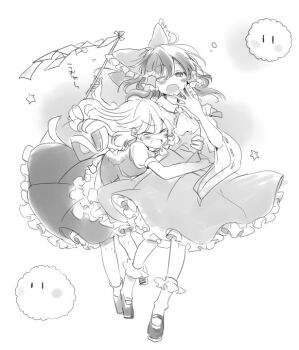 Rule 34 | > <, 2girls, :d, bad id, bad twitter id, blush, bobby socks, bow, closed eyes, full body, glomp, gohei, greyscale, hair bow, hair tubes, hakurei reimu, hug, hug from behind, kedama (touhou), kirisame marisa, monochrome, multiple girls, one eye closed, open mouth, poprication, smile, socks, star (symbol), touhou, translation request, v-shaped eyebrows, wavy hair, yawning