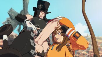 1boy 1girl 3d black_gloves black_hair boxman brown_hair fingerless_gloves gloves guilty_gear guilty_gear_strive hat highres looking_at_penis may_(guilty_gear) outdoors penis penis_awe testament_(guilty_gear) top_hat uncensored white_gloves