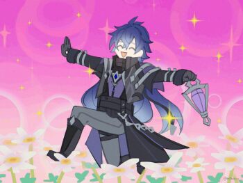 1boy antenna_hair arms_up black_coat black_gloves blue_hair ciiel closed_eyes coat collared_coat commentary english_commentary flins_(genshin_impact) flower genshin_impact gloves gradient_hair grey_pants hair_between_eyes happy highres holding holding_lantern lantern long_sleeves meme multicolored_hair open_mouth pants pink_background scene_reference solo sparkle sparkle_background sparkling_aura wavy_hair