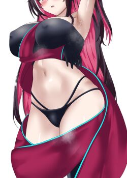 Rule 34 | armpits, azki (1st costume) (hololive), azki (hololive), bikini, black bikini, breasts, dress, eyes out of frame, hashtag-only commentary, head out of frame, highres, midriff, navel, open clothes, open dress, open mouth, red dress, red sleeves, revealing clothes, simple background, solo, stomach, swimsuit, tomohiro (duo), white background