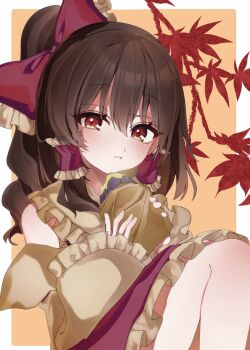 1girl blush bow brown_hair closed_mouth commentary_request detached_sleeves food frilled_bow frilled_hair_tubes frilled_skirt frills hair_bow hair_tubes hakurei_reimu hayuk0 highres holding holding_food long_hair looking_at_viewer red_bow red_eyes red_skirt roasted_sweet_potato skirt solo sweet_potato touhou