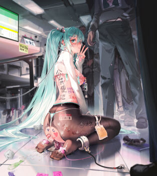 1girl absurdres anal_beads aqua_nails ass black_pantyhose blue_eyes blue_hair blush body_writing catheter chain chained closed_mouth condom condom_wrapper cum cum_on_body cumdump dildo drooling earrings egg_vibrator faceless faceless_male fingernails from_behind full_body hatsune_miku heart highres holding holding_condom holding_leash human_toilet humiliation id_card jewelry kneeling leash long_fingernails looking_at_viewer looking_back medium_hair multiple_boys multiple_condoms nail_polish nipple_piercing nipples object_insertion on_floor pantyhose piercing revealing_clothes seiza sex_toy sitting soles solo_focus restroom_symbol used_condom used_tissue v vaginal vaginal_object_insertion vibrator vibrator_on_feet vocaloid ying_yi