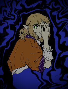 1girl abstract_background absurdres black_background blonde_hair blue_background chuantong_zhuyi_de_feng_gou closed_mouth commentary glowing glowing_eyes green_eyes hand_over_eye highres jacket looking_at_viewer medium_hair mizuhashi_parsee orange_jacket pointy_ears purple_trim shirt short_sleeves solo symbol-only_commentary touhou two-tone_background variant_set wavy_background white_shirt