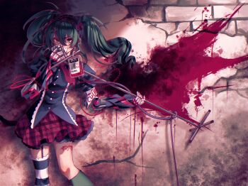 1girl 4blood_(vocaloid) black_shirt black_thighhighs commentary english_commentary garter_straps green_eyes green_hair hatsune_miku highres holding holding_microphone_stand intravenous_drip leg_tattoo mechanical_arms microphone_stand plaid_clothes plaid_skirt puffy_short_sleeves puffy_sleeves red_skirt shirt short_sleeves single_garter_strap skirt solo striped_clothes striped_thighhighs tattoo thighhighs twintails velvetterabby vocaloid white_thighhighs