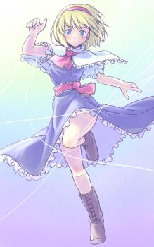 1girl alice_margatroid blonde_hair blue_background blue_dress blue_eyes blush boots breasts brown_boots capelet commentary_request dress frilled_capelet frilled_ribbon frills frown full_body hairband hand_up knees medium_breasts medium_hair one-hour_drawing_challenge petticoat puffy_short_sleeves puffy_sleeves puppet_strings rangycrow red_hairband red_ribbon red_sash ribbon sash short_sleeves solo thighs touhou white_capelet white_sleeves